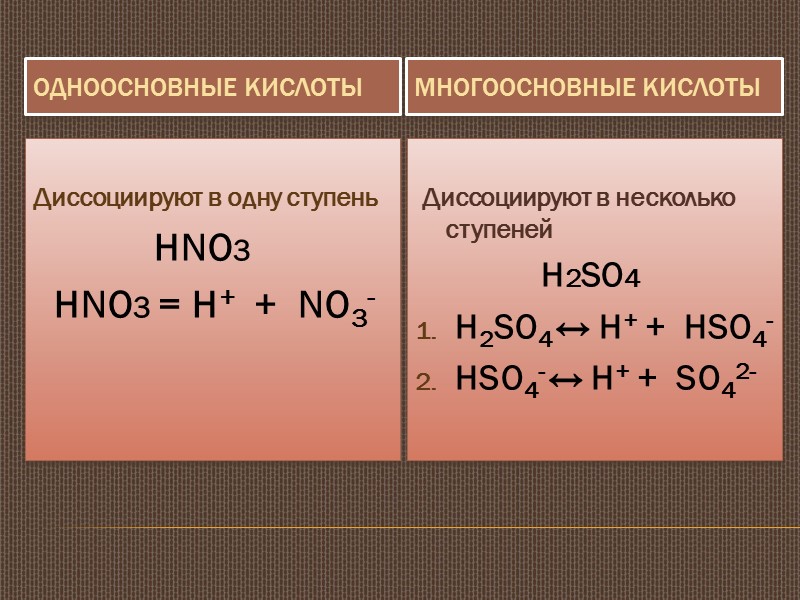 Одноосновные кислоты Многоосновные кислоты   Диссоциируют в одну ступень    